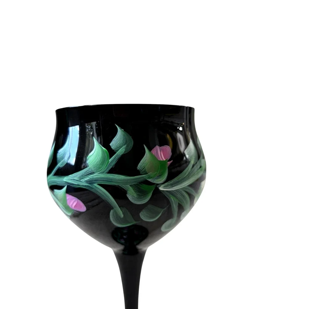 Vintage Hand Painted Floral Black Wine Goblets Set of 2 Chic Barware